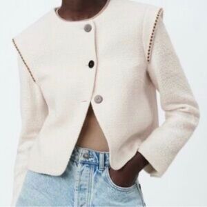Zara Tweed Knit Blazer Cream Size Small